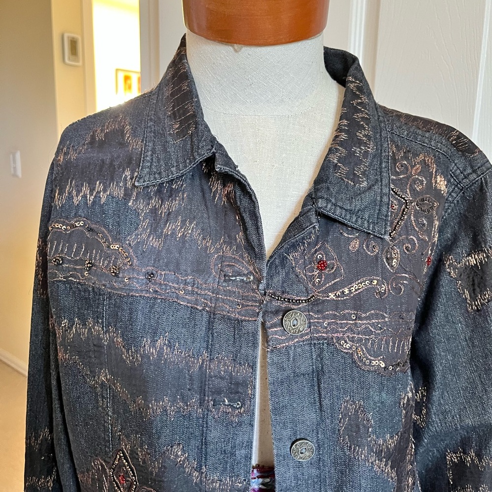 Chico’s Embellished Black Denim Button-Up Jacket